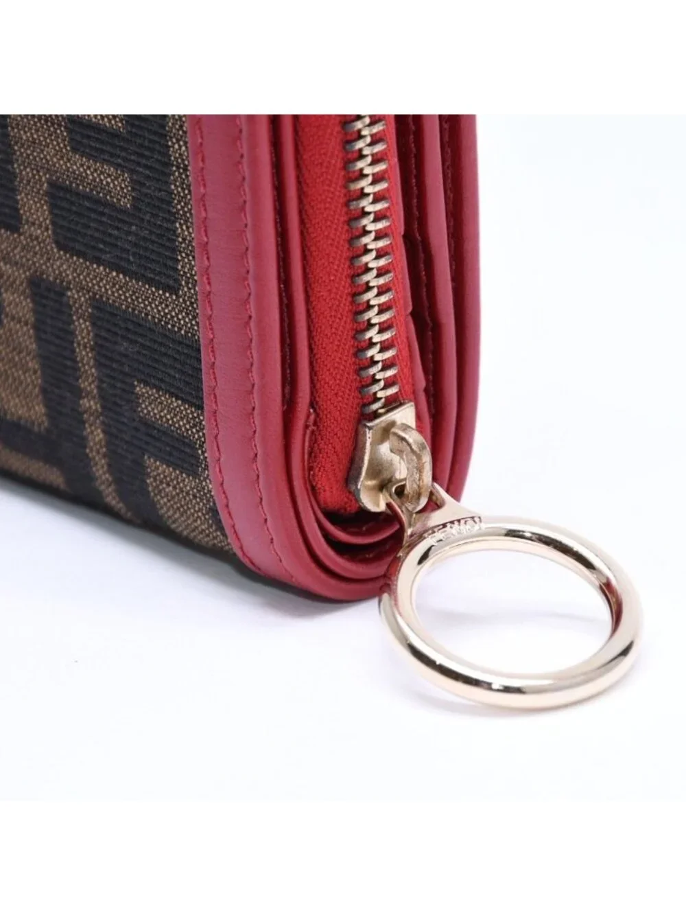 Fendi Compact Wallet Bifold Zucca Pattern Canvas Leather Brown Red Gold